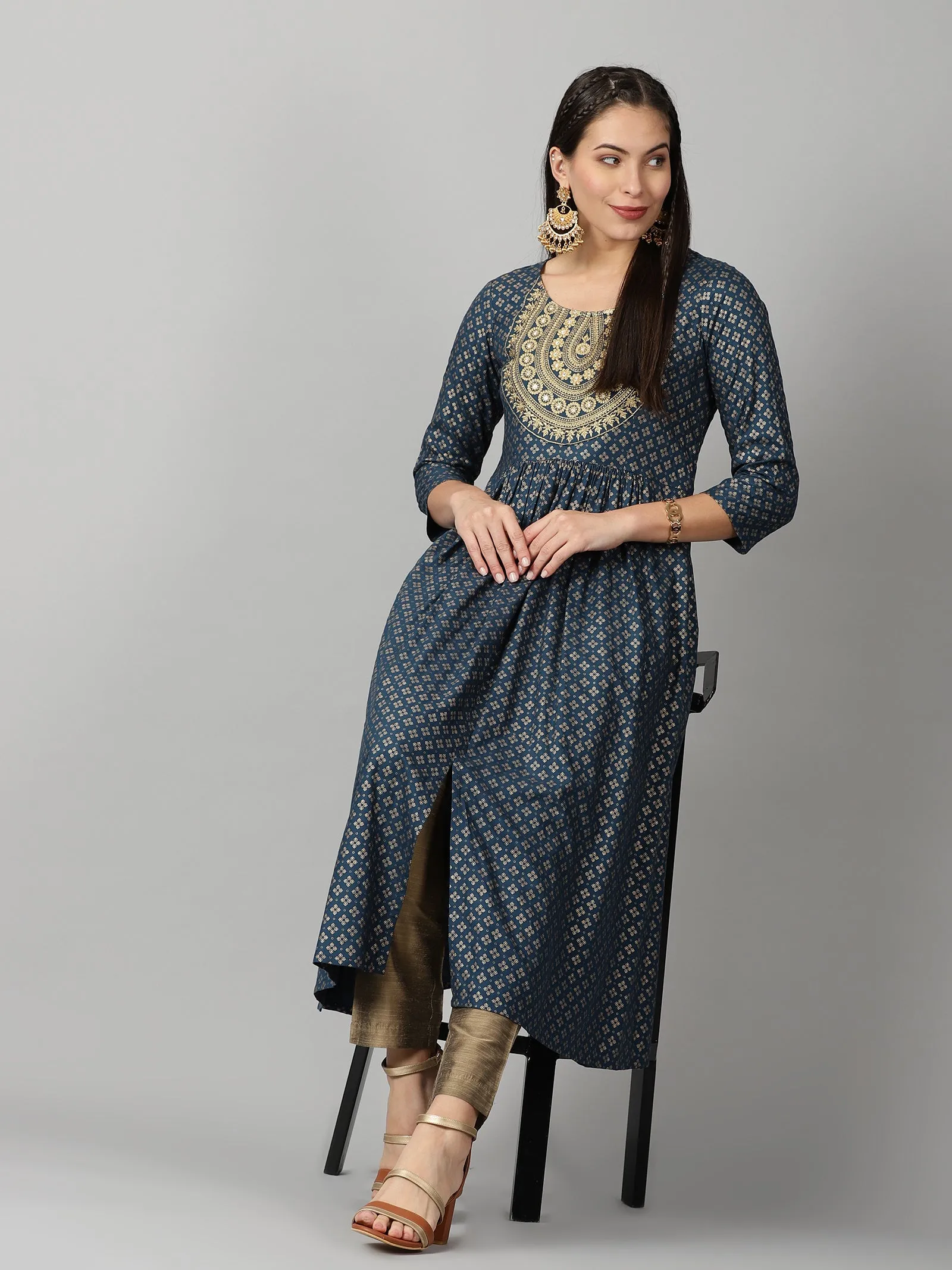 Teal Rayon Ethnic Motifs Printed Empire Kurta with Zari Neck