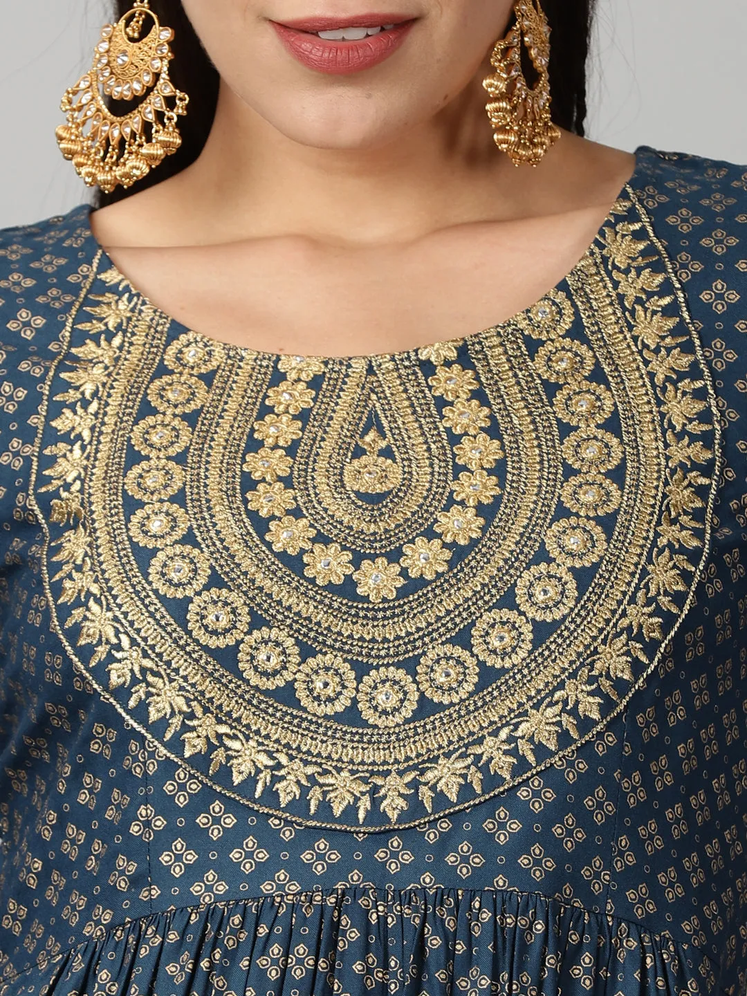 Teal Rayon Ethnic Motifs Printed Empire Kurta with Zari Neck