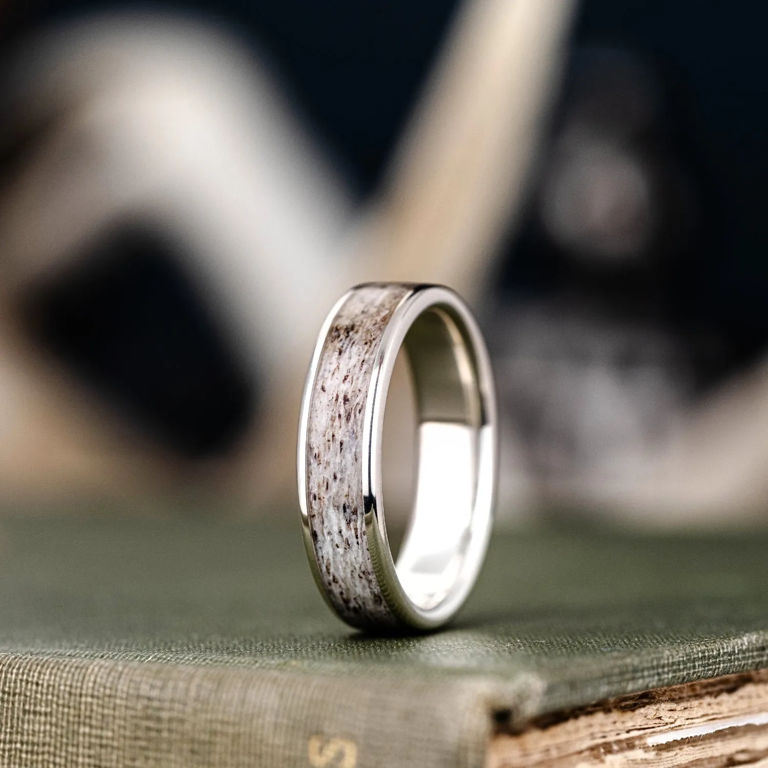 The Marksman | Men's Sterling Silver Wedding Band with Wide Channel Elk Antler
