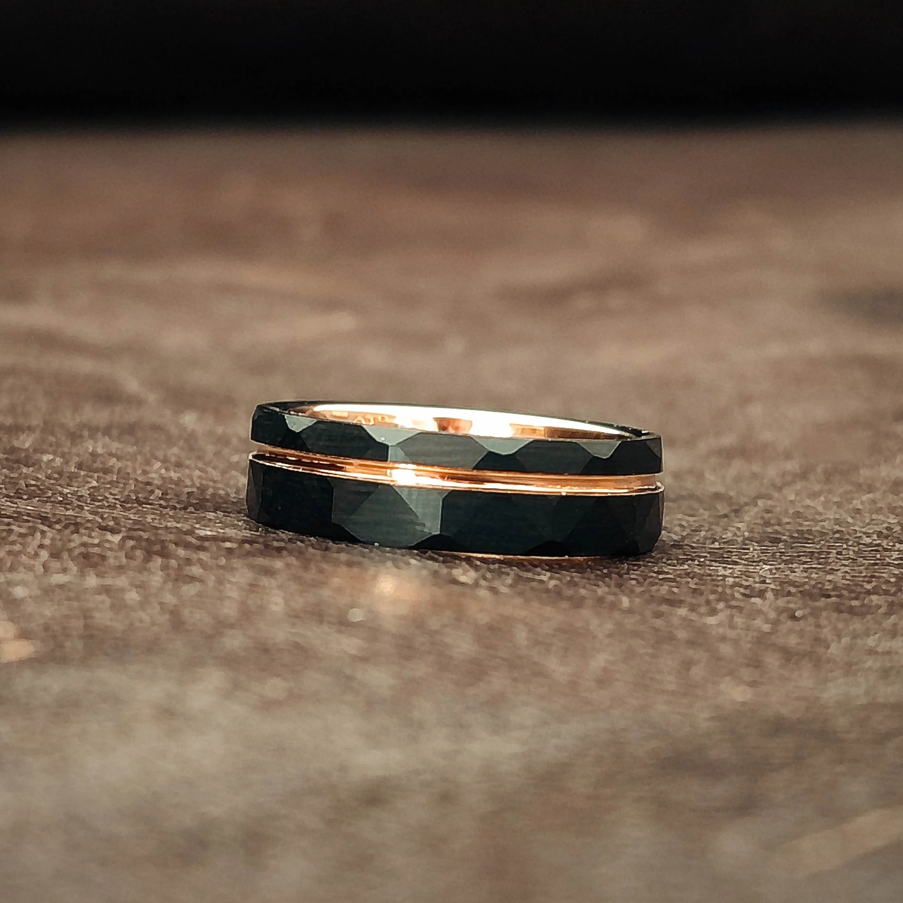 The Mechanic - Black Hammered & Rose Gold Men's Tungsten Ring