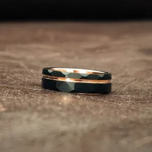 The Mechanic - Black Hammered & Rose Gold Men's Tungsten Ring