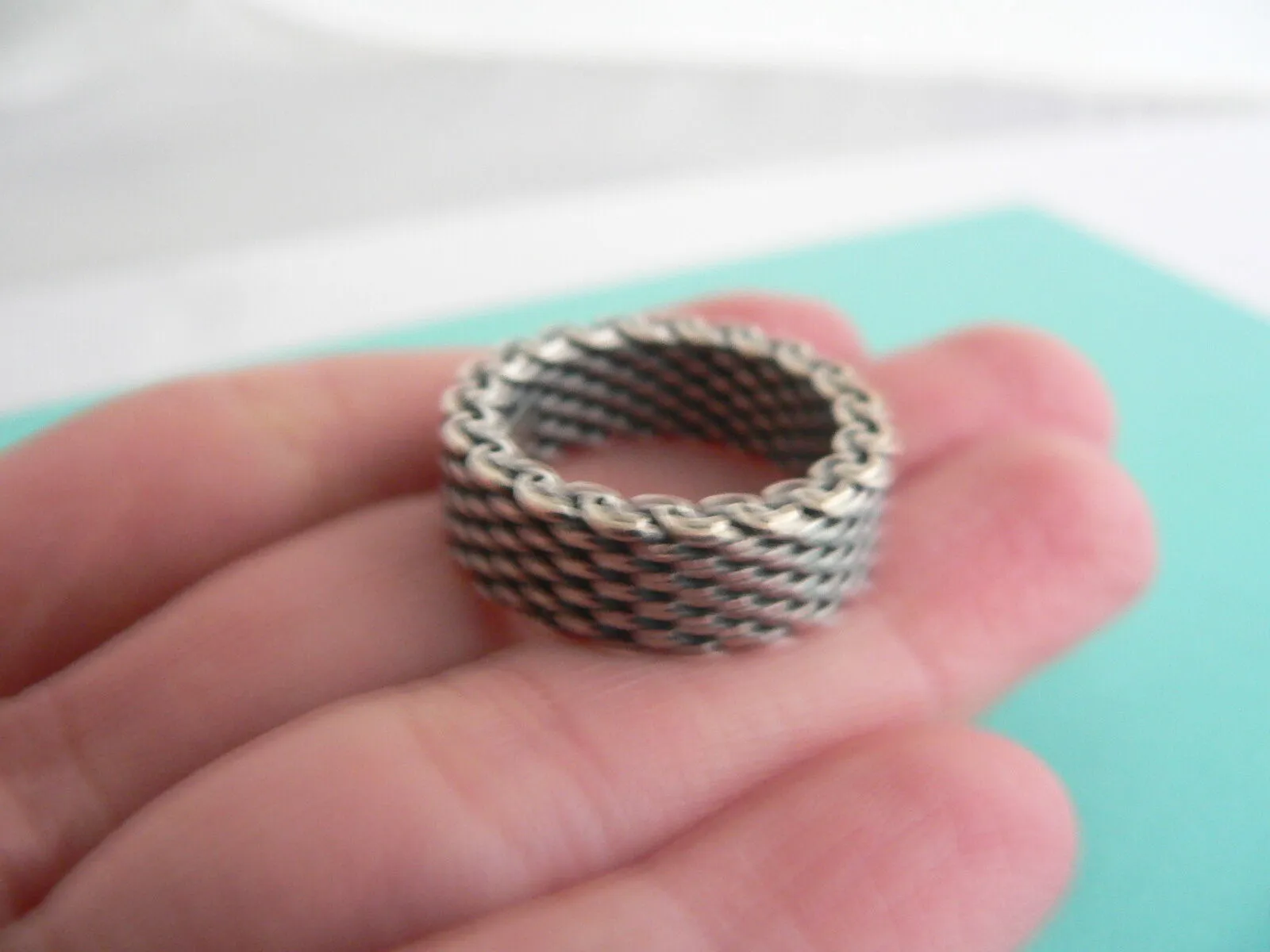 Tiffany & Co Silver Mesh Stacking Ring Band Sz 4.75 Love Gift Oxidized