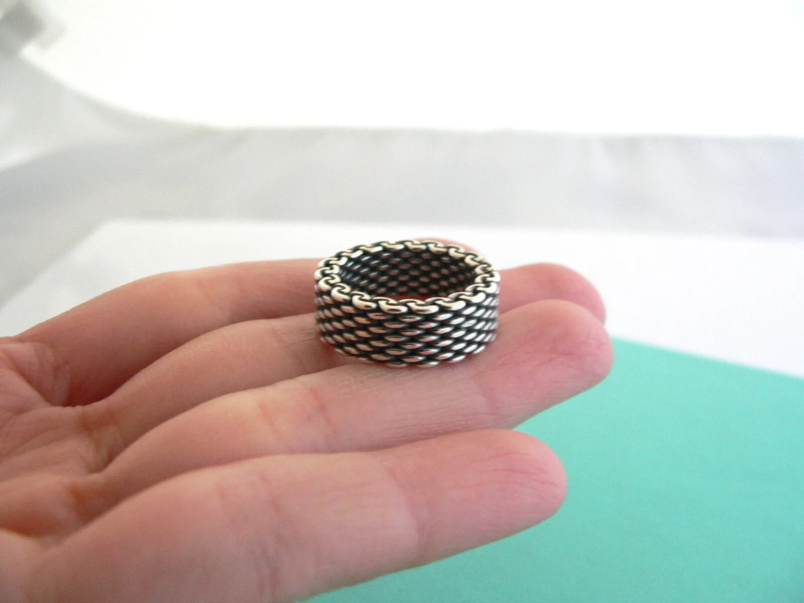 Tiffany & Co Silver Oxidized Mesh Stacking Ring Band Sz 5 Love Gift