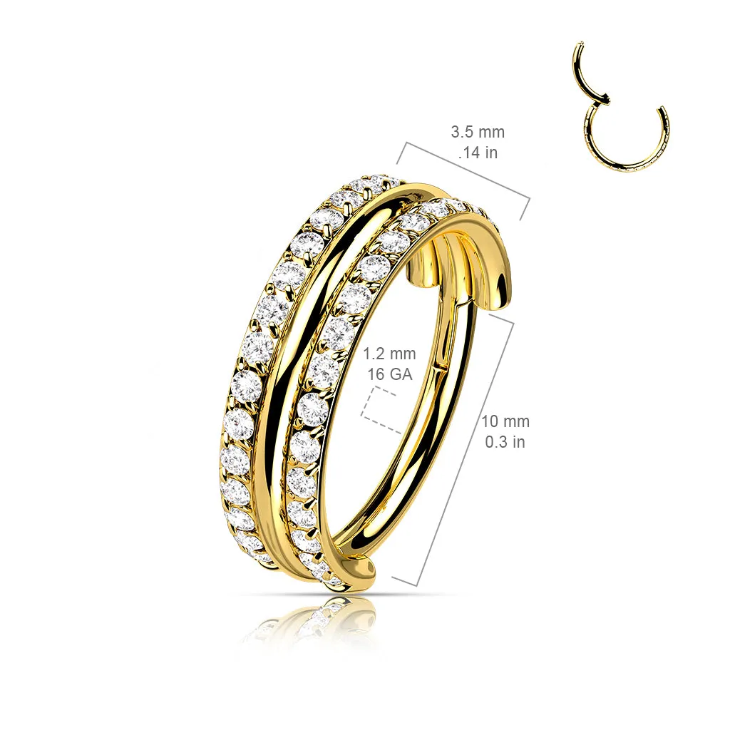 Titanium Hinged Segment Hoop Ring Double CZ Lines For Nose Septum Cartilage