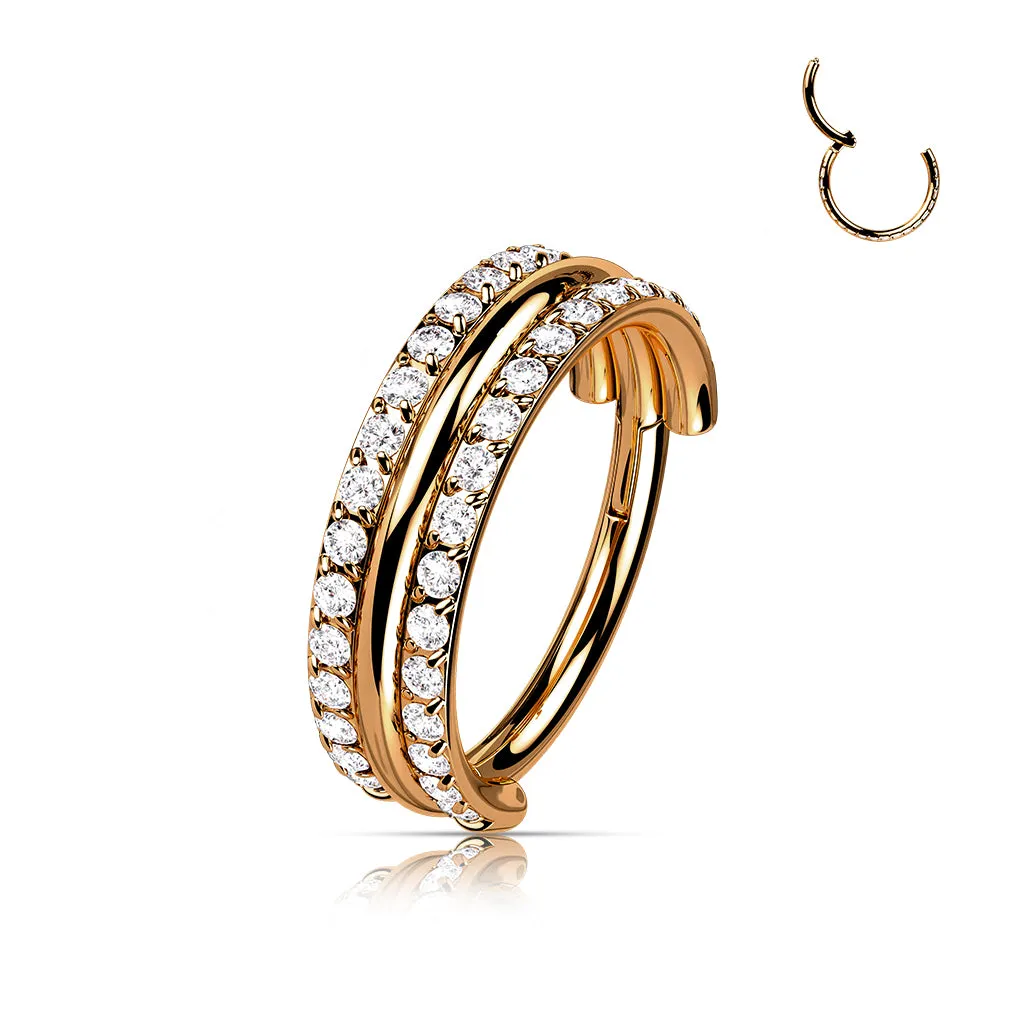 Titanium Hinged Segment Hoop Ring Double CZ Lines For Nose Septum Cartilage