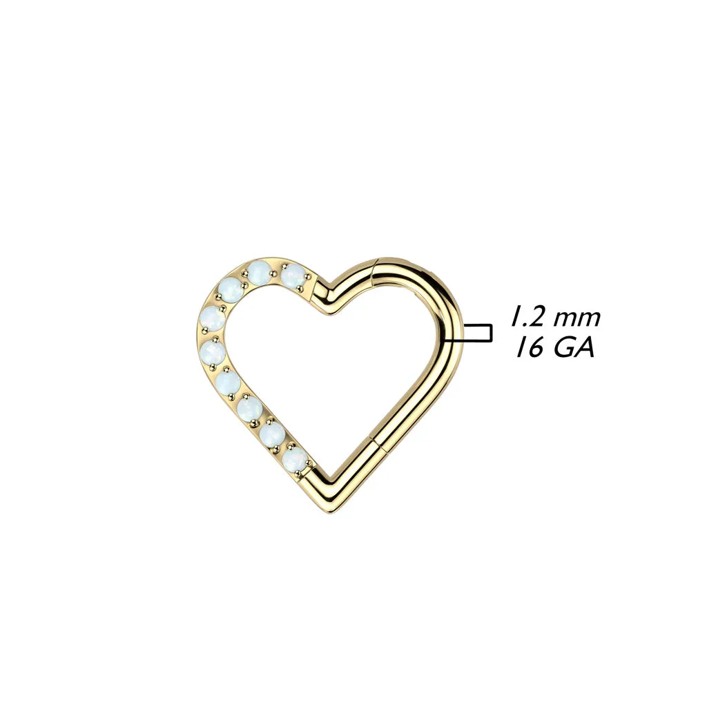 Titanium Hinged Segment Hoop Ring Opal Heart For Nose Septum Cartilage