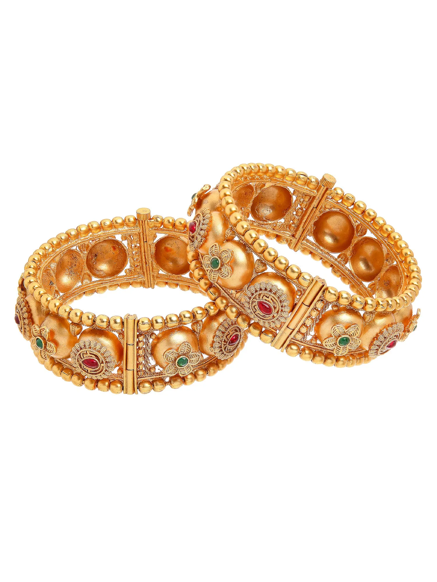 Traditional Gold-Plated Red and Green Stone-Studded Jadau Bangles