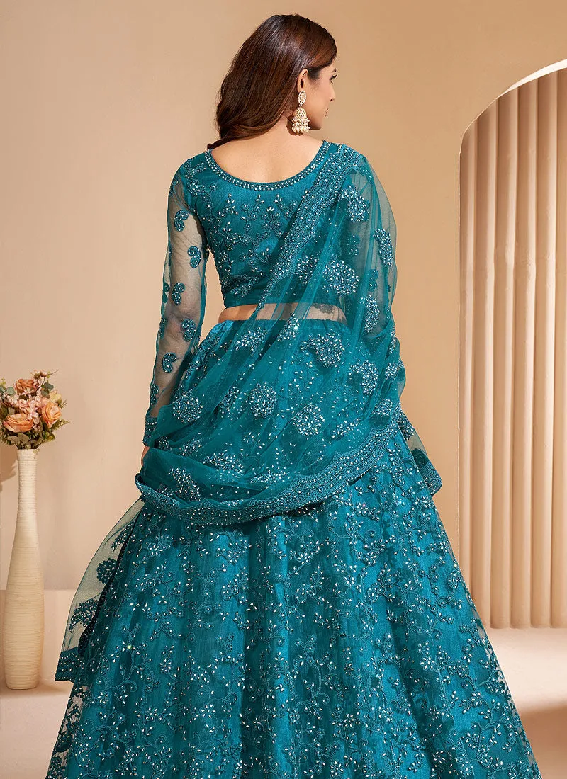 Turquoise Crystal Embroidered Wedding Lehenga Choli