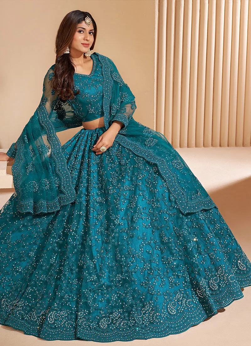 Turquoise Crystal Embroidered Wedding Lehenga Choli