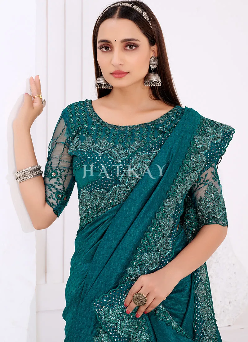 Turquoise Embroidered Wedding Wear Indian Saree