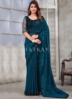 Turquoise Sequence Embroidery Organza Silk Saree With Belt