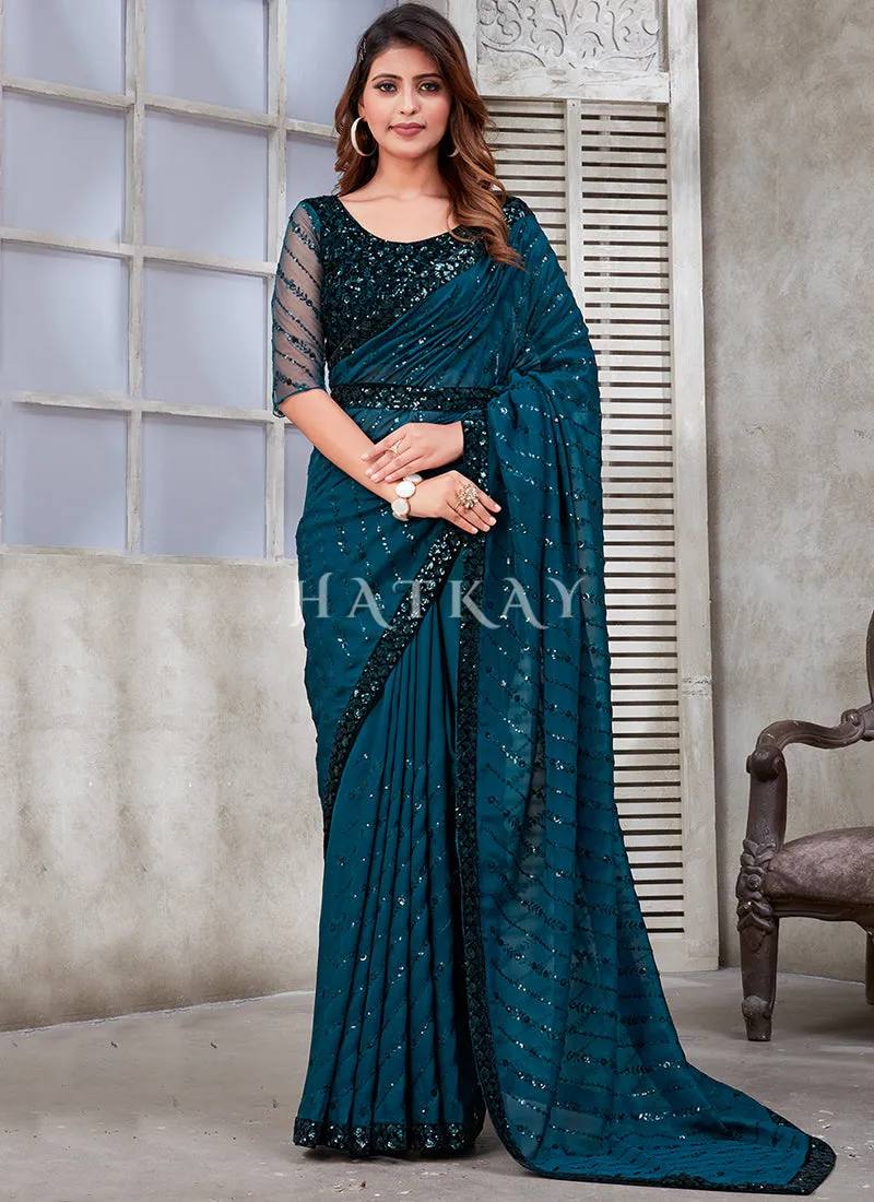 Turquoise Sequence Embroidery Organza Silk Saree With Belt