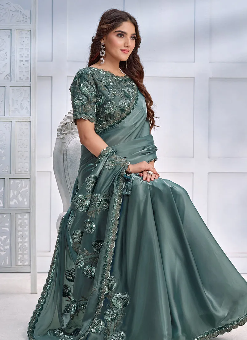 Turquoise Sequence Embroidery Silk Wedding Saree