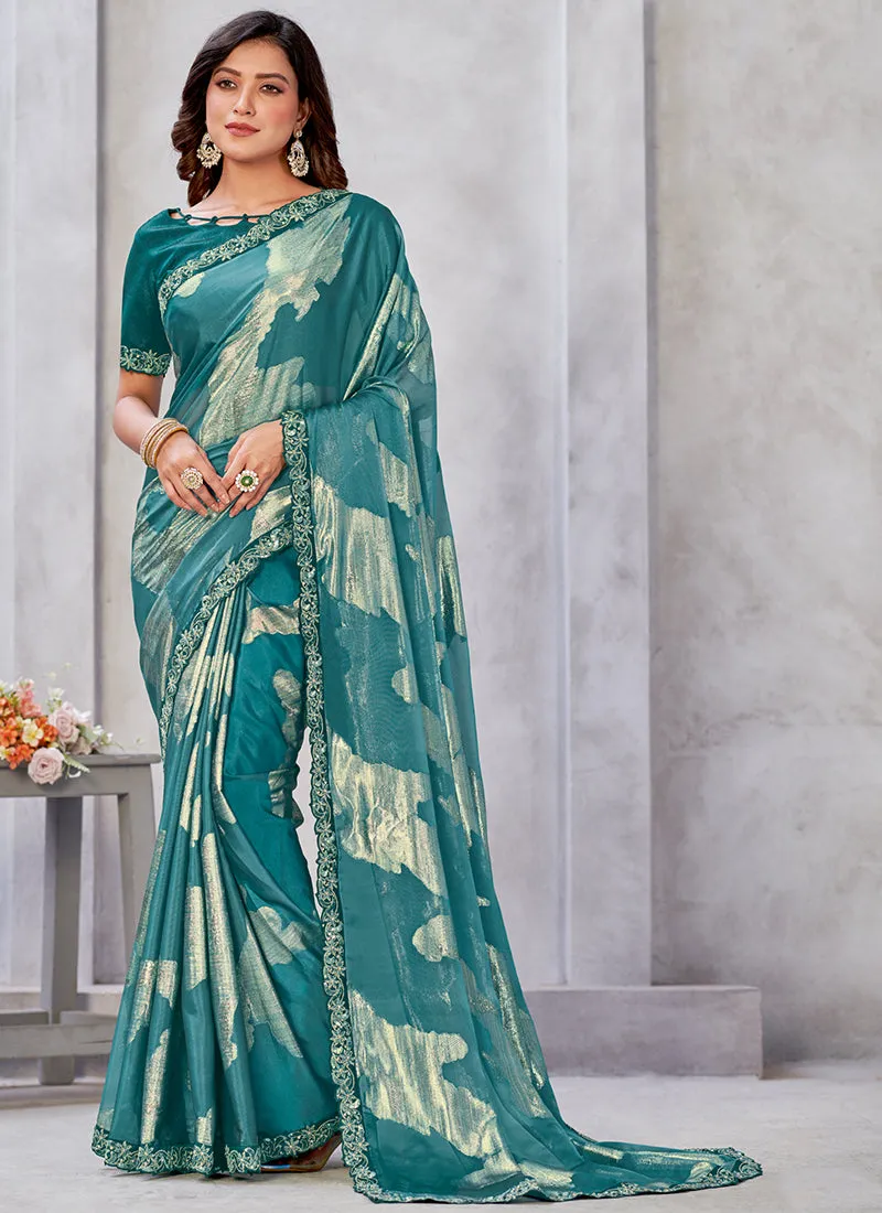 Turquoise Stone Work Embroidery Georgette Jacquard Saree