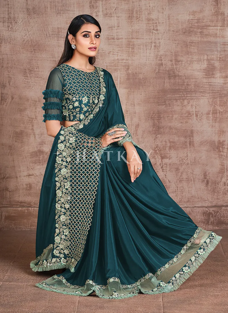 Turquoise Traditional Zari Embroidered Party Wear Saree