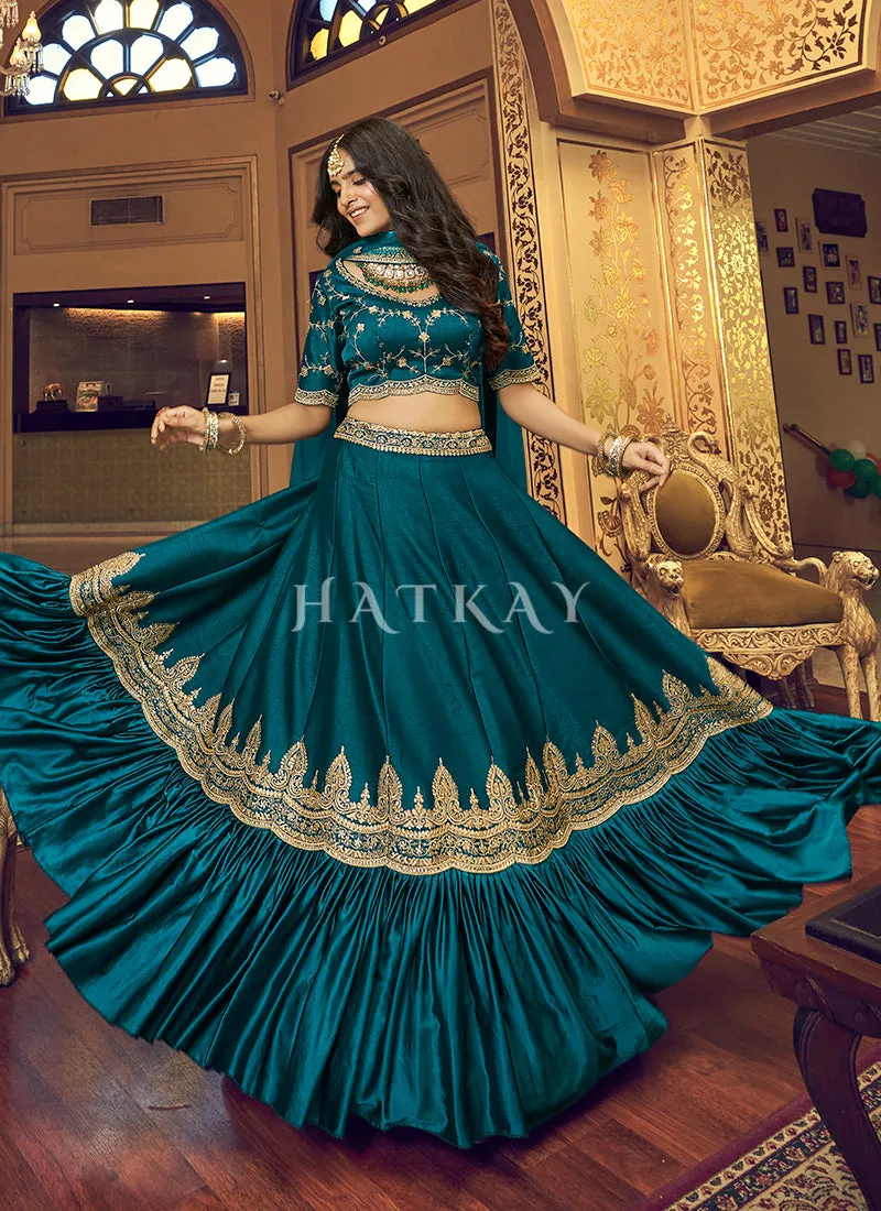 Turquoise Zari And Sequence Embroidered Silk Lehenga Choli