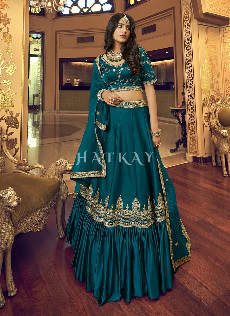 Turquoise Zari And Sequence Embroidered Silk Lehenga Choli