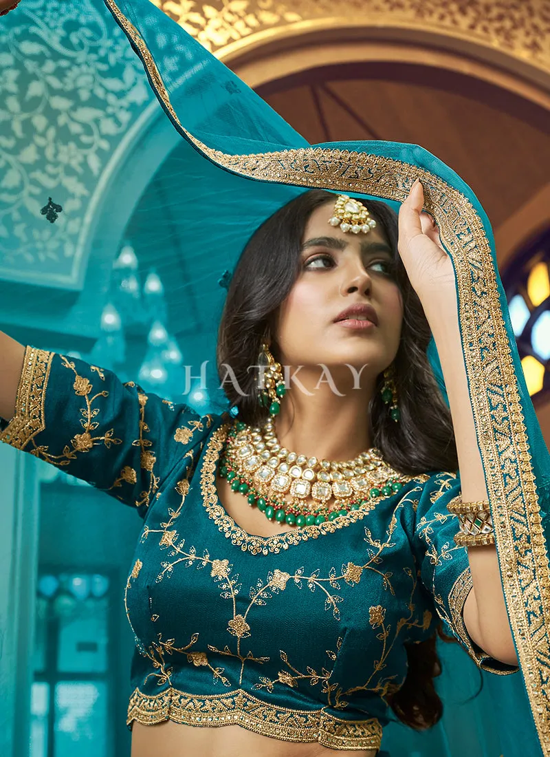 Turquoise Zari And Sequence Embroidered Silk Lehenga Choli