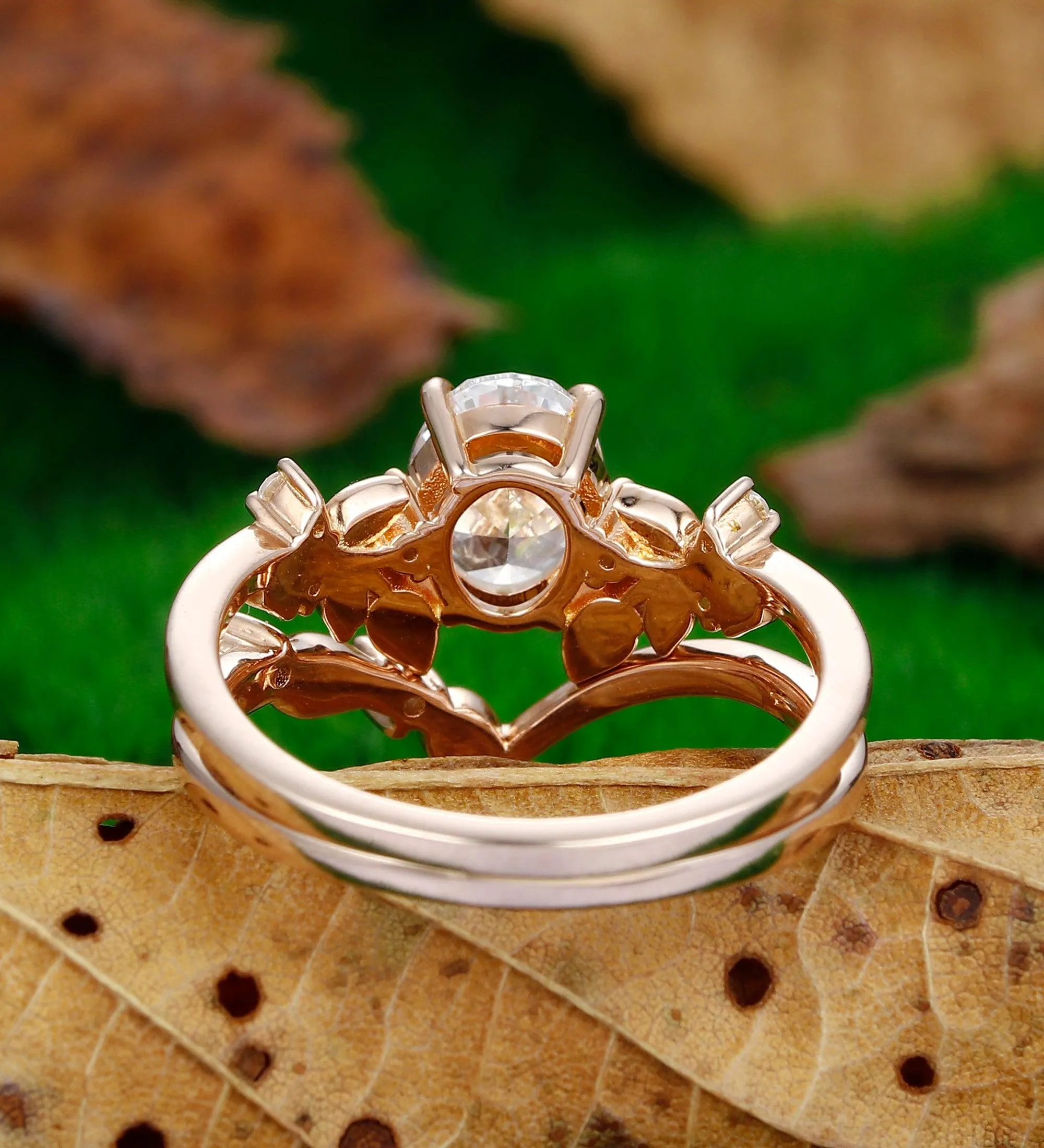 Unique Oval Shaped 1.5Carat Moissanite  Rose Gold  Leaf Stacking  Art Deco Bridal Set