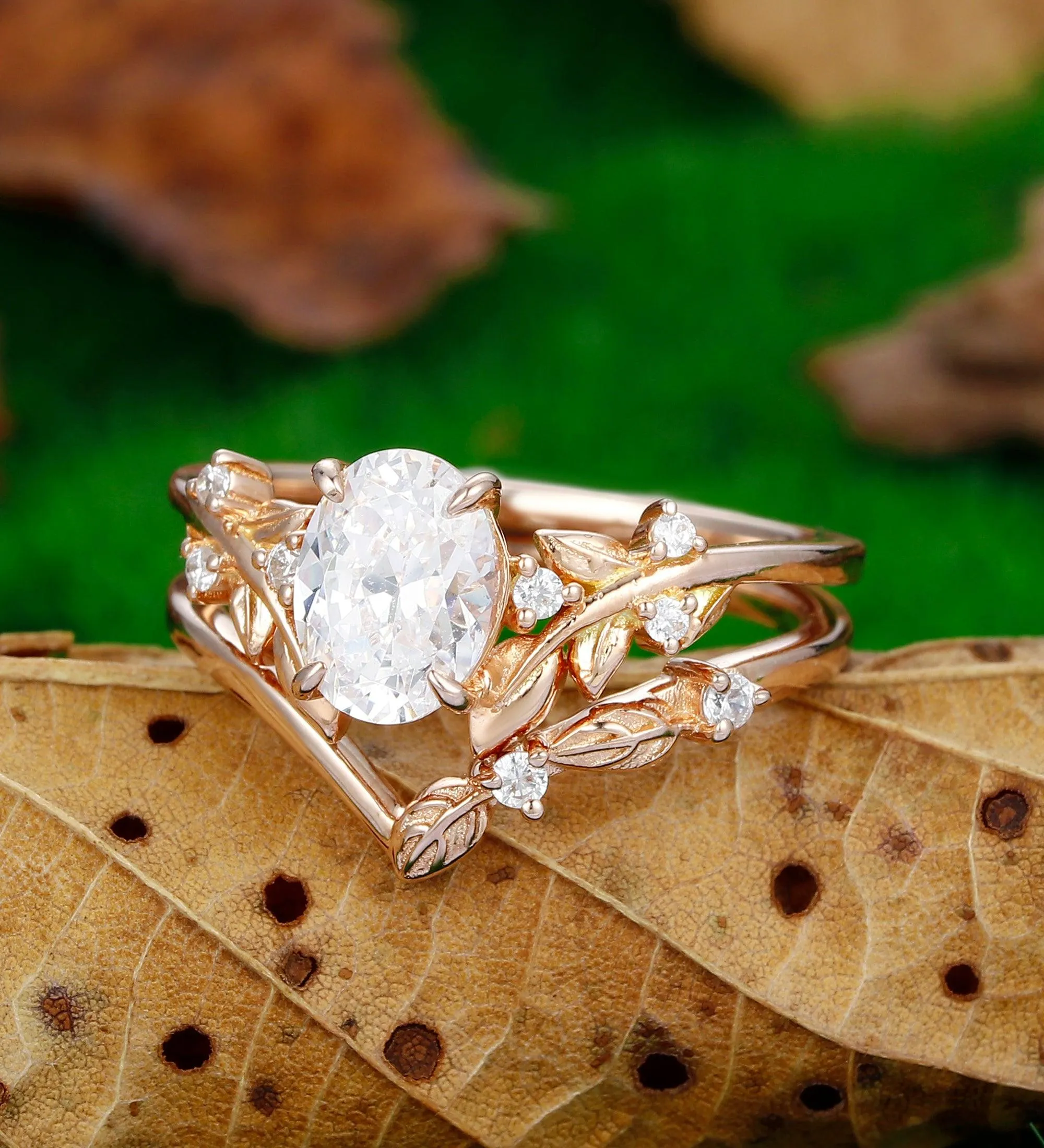 Unique Oval Shaped 1.5Carat Moissanite  Rose Gold  Leaf Stacking  Art Deco Bridal Set