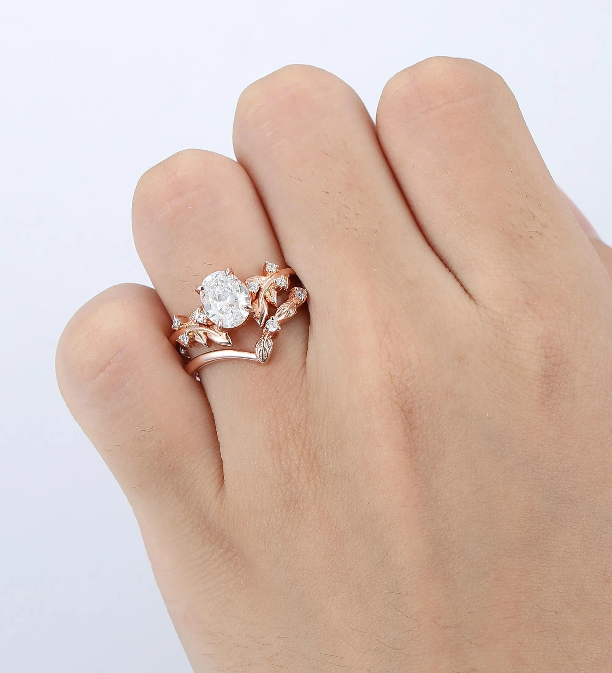 Unique Oval Shaped 1.5Carat Moissanite  Rose Gold  Leaf Stacking  Art Deco Bridal Set
