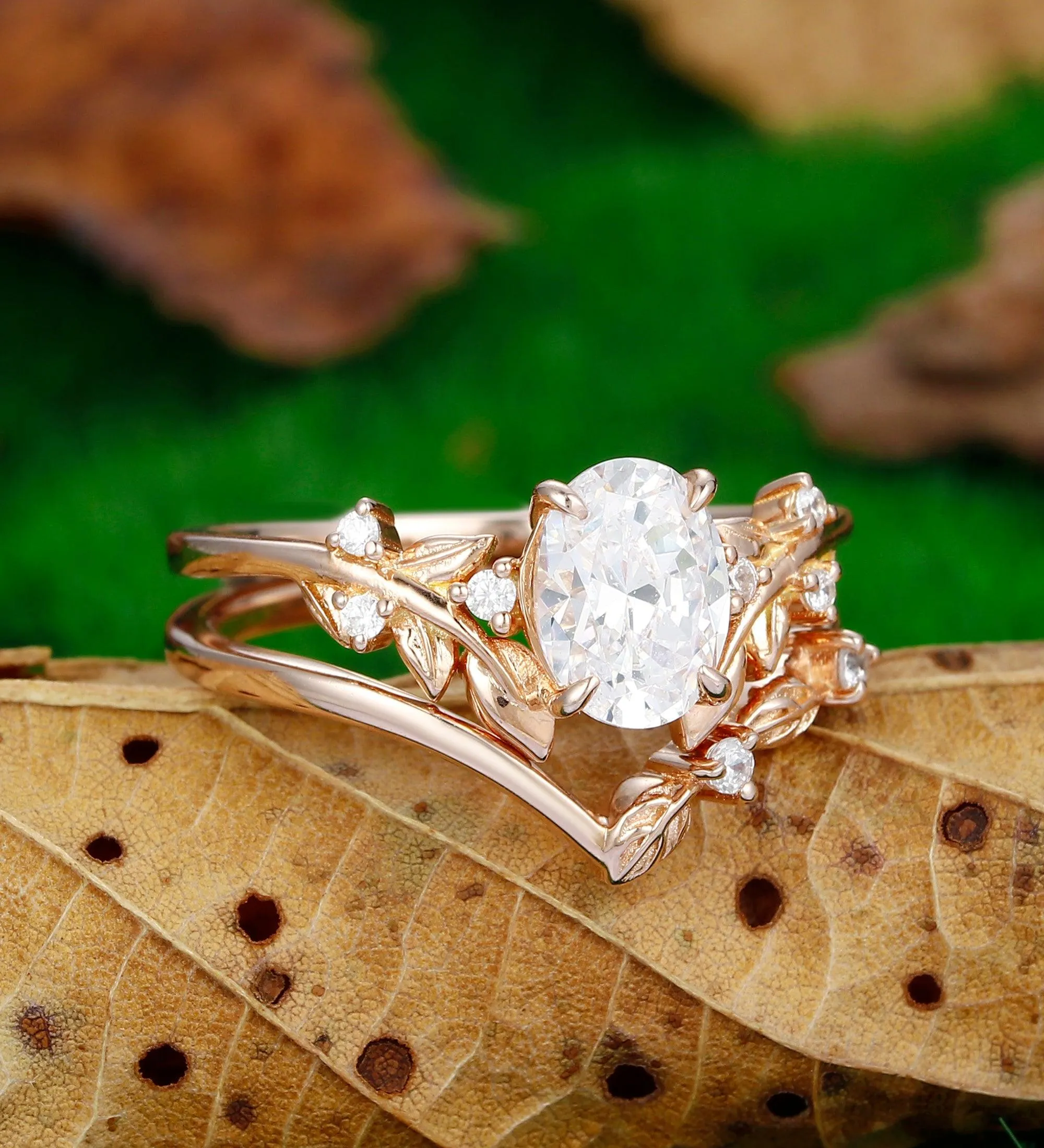 Unique Oval Shaped 1.5Carat Moissanite  Rose Gold  Leaf Stacking  Art Deco Bridal Set