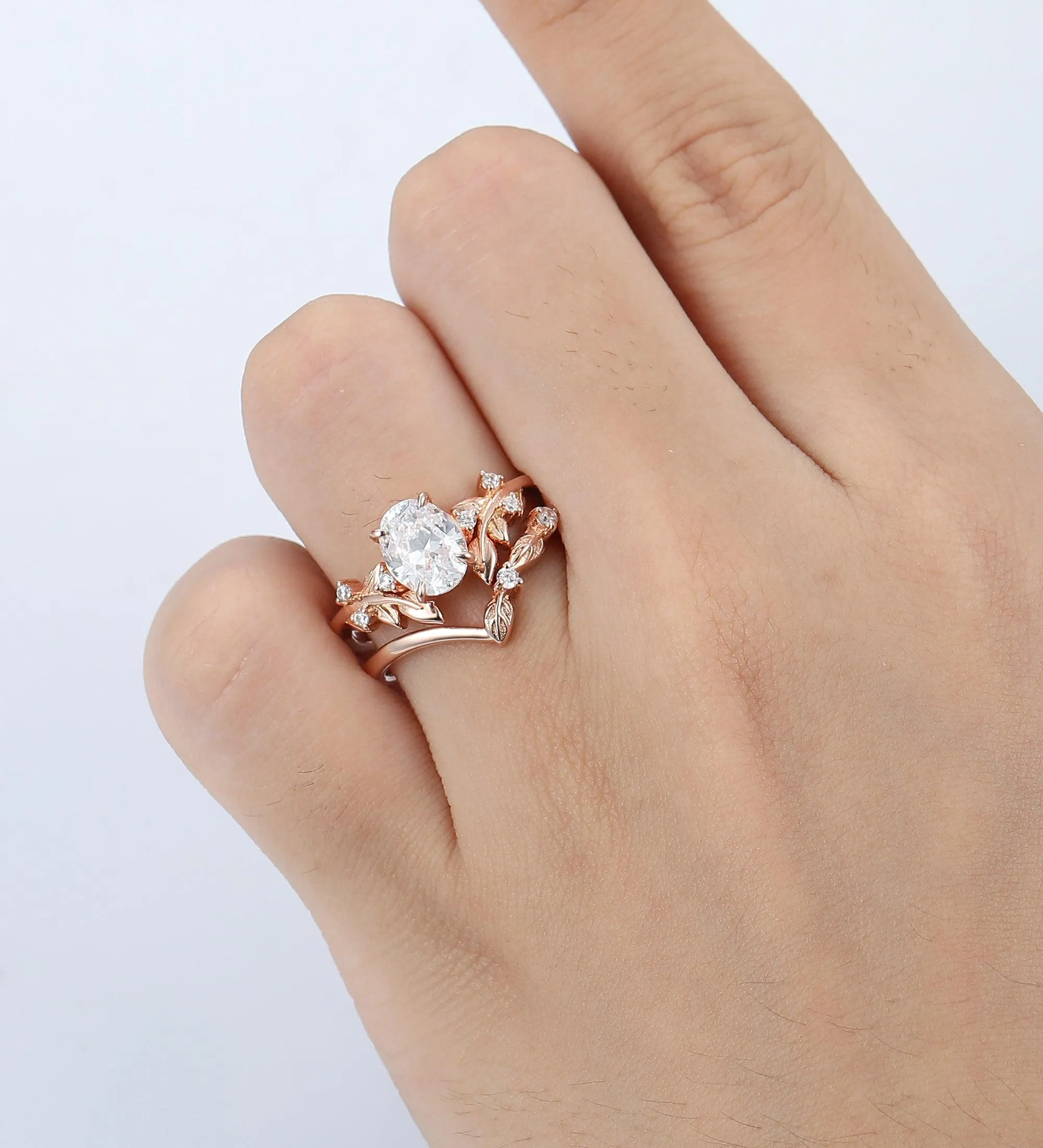 Unique Oval Shaped 1.5Carat Moissanite  Rose Gold  Leaf Stacking  Art Deco Bridal Set
