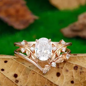 Unique Oval Shaped 1.5Carat Moissanite  Rose Gold  Leaf Stacking  Art Deco Bridal Set