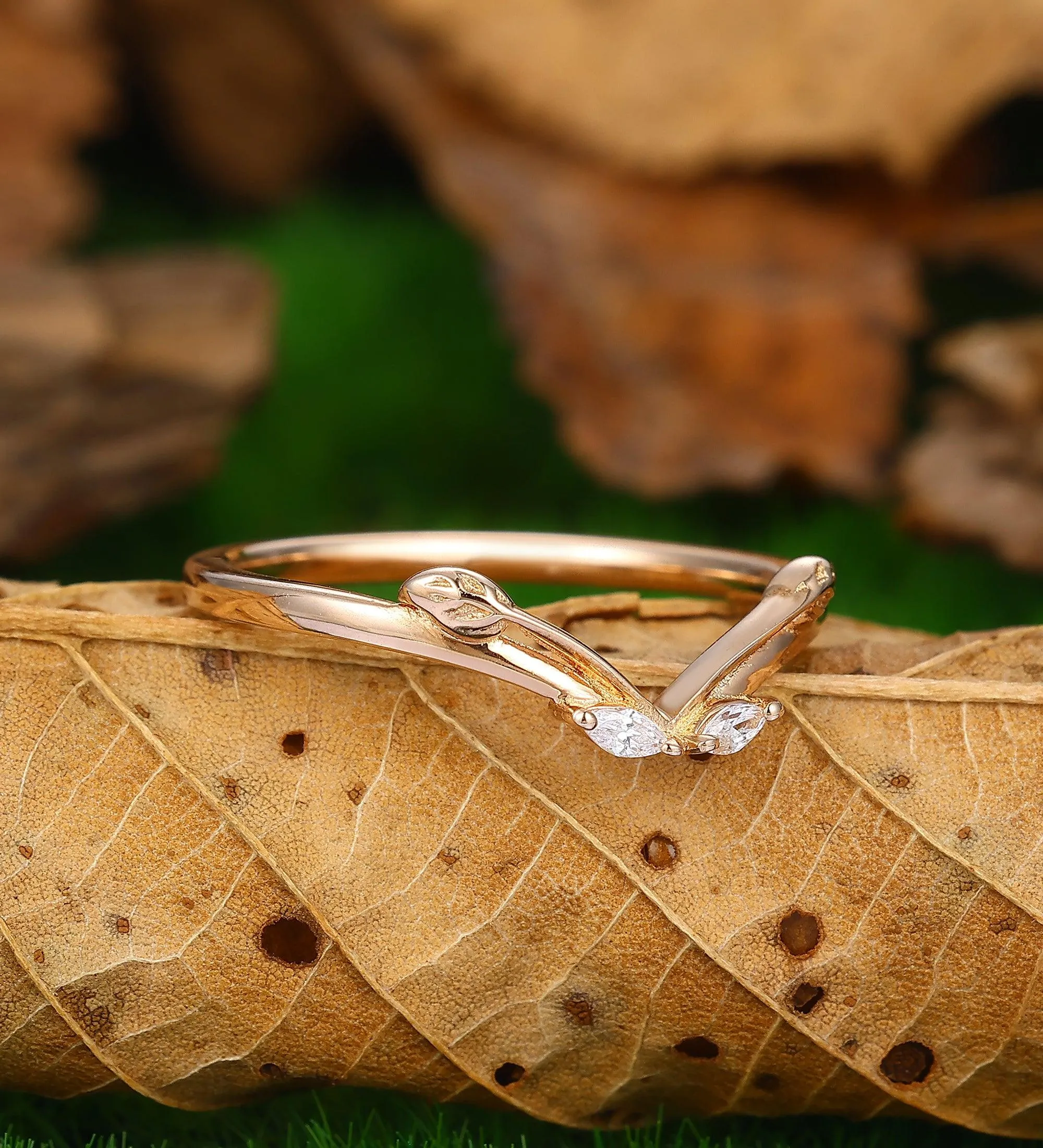 v shaped unique leaf wedding band antique matching ring handmade promise anniversary band