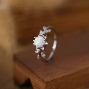 Vine leaf with CZ Diamond Pink Opal Ring