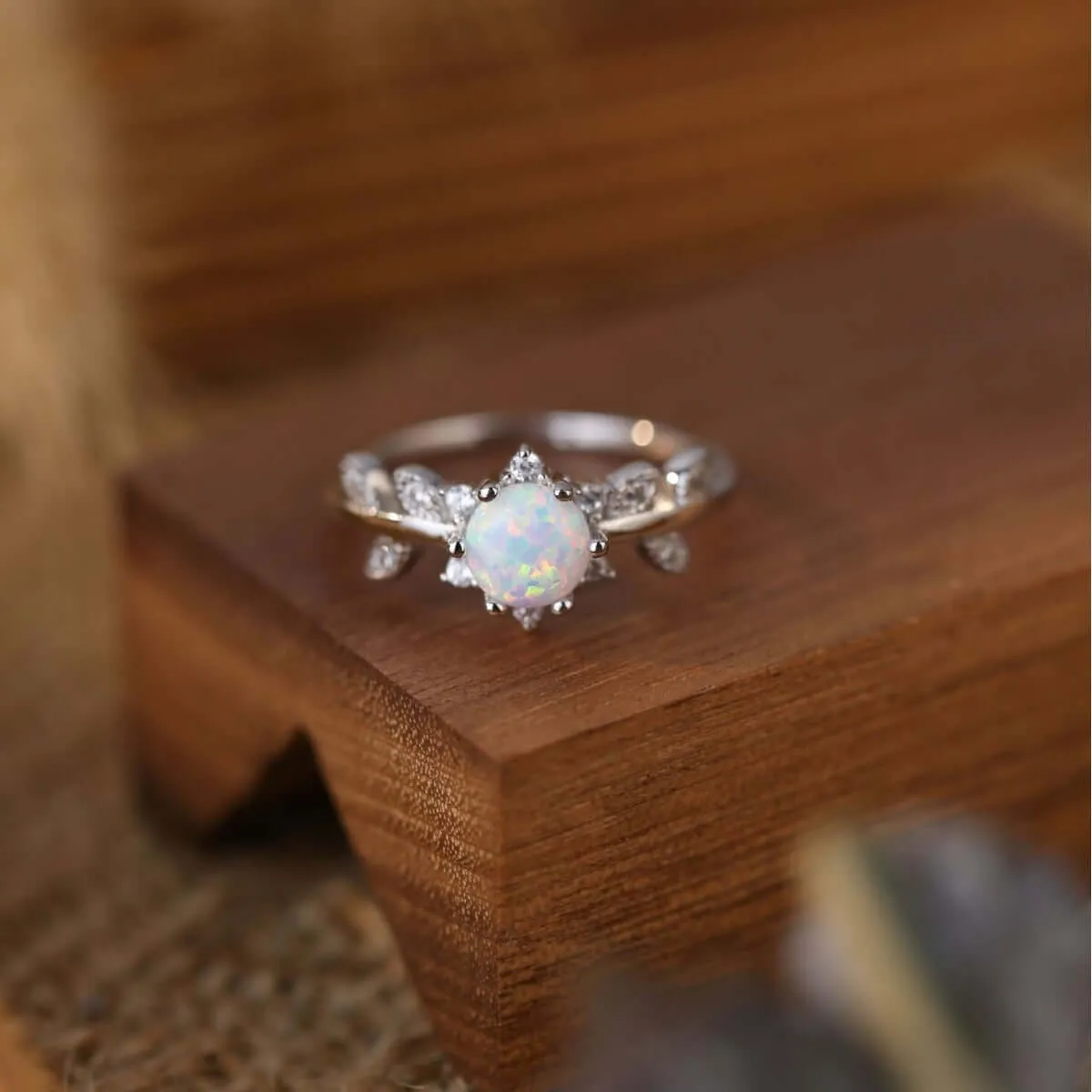 Vine leaf with CZ Diamond Pink Opal Ring