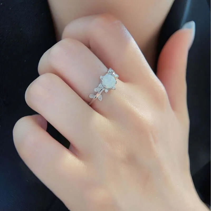 Vine leaf with CZ Diamond Pink Opal Ring