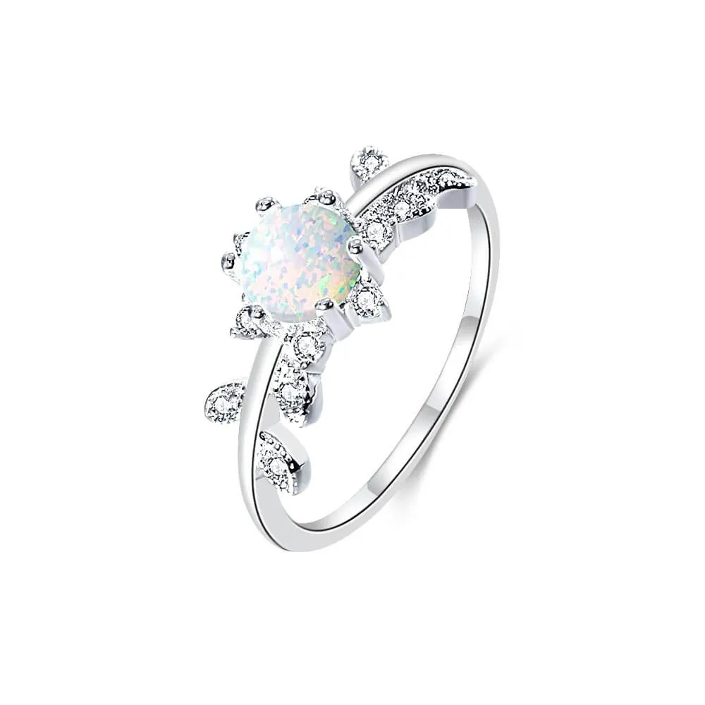 Vine leaf with CZ Diamond Pink Opal Ring