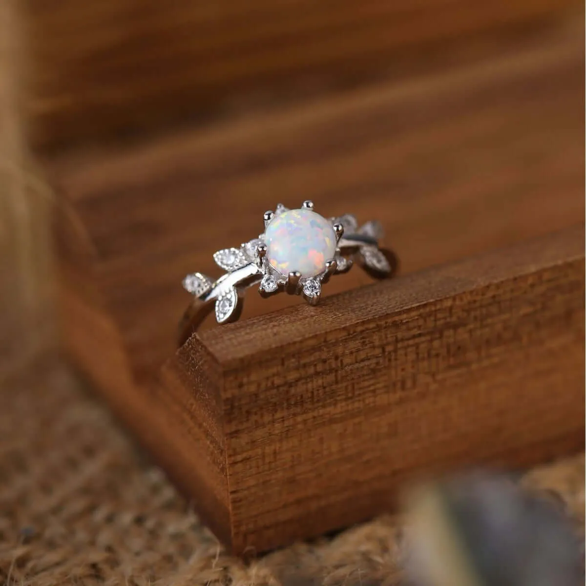Vine leaf with CZ Diamond Pink Opal Ring
