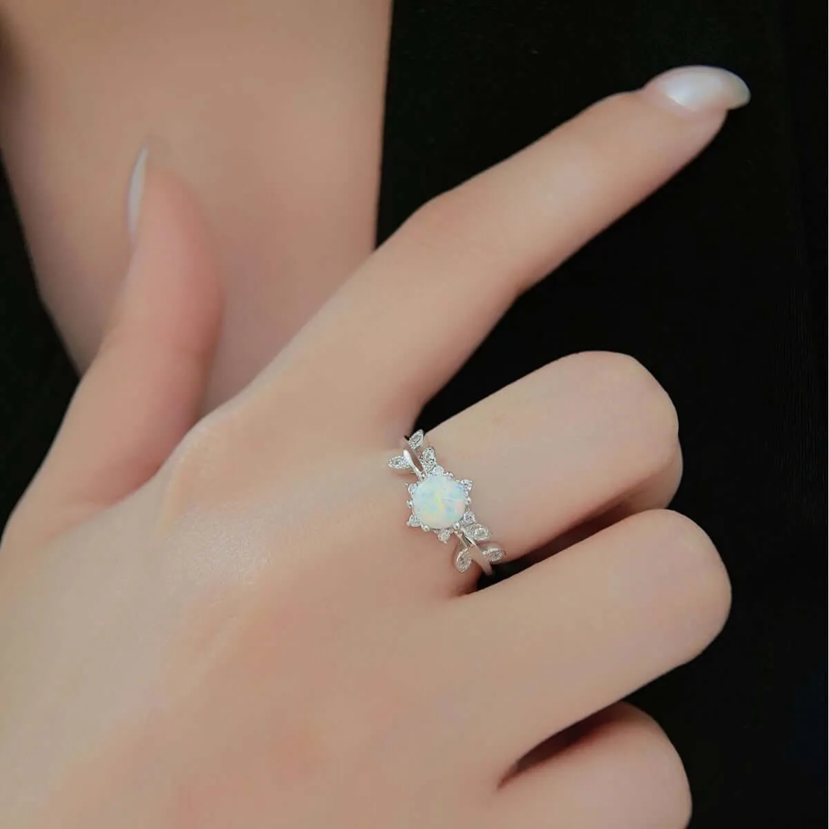Vine leaf with CZ Diamond Pink Opal Ring