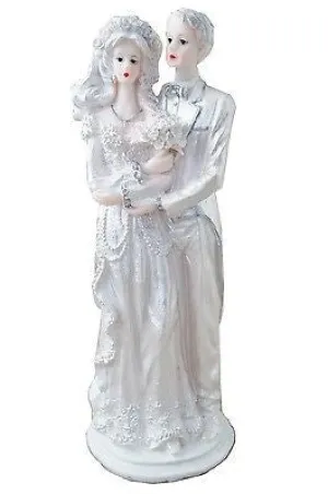 Vintage Angelic Bride and Groom Cake Topper or Figurine Decor Silver & White
