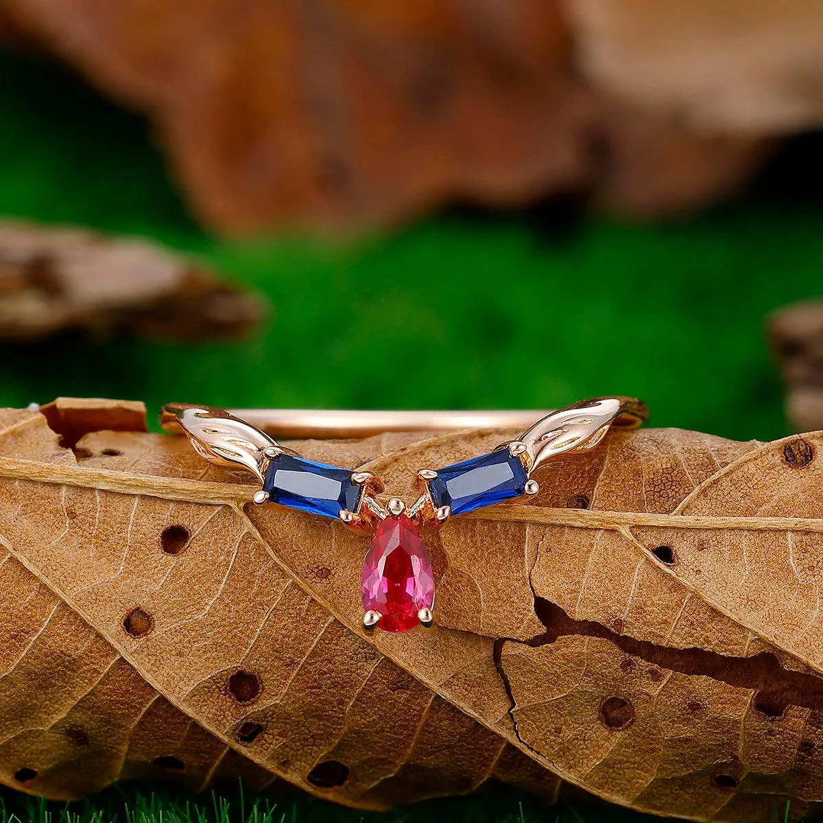 Vintage Art Deco Nature Leaf Design 14k Gold Moissanite Stacking Matching Band Ring