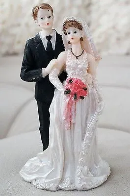 Vintage Bride and Groom Cake Topper with Rose Bouquet Halter Wedding Dress