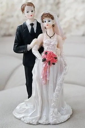 Vintage Bride and Groom Cake Topper with Rose Bouquet Halter Wedding Dress