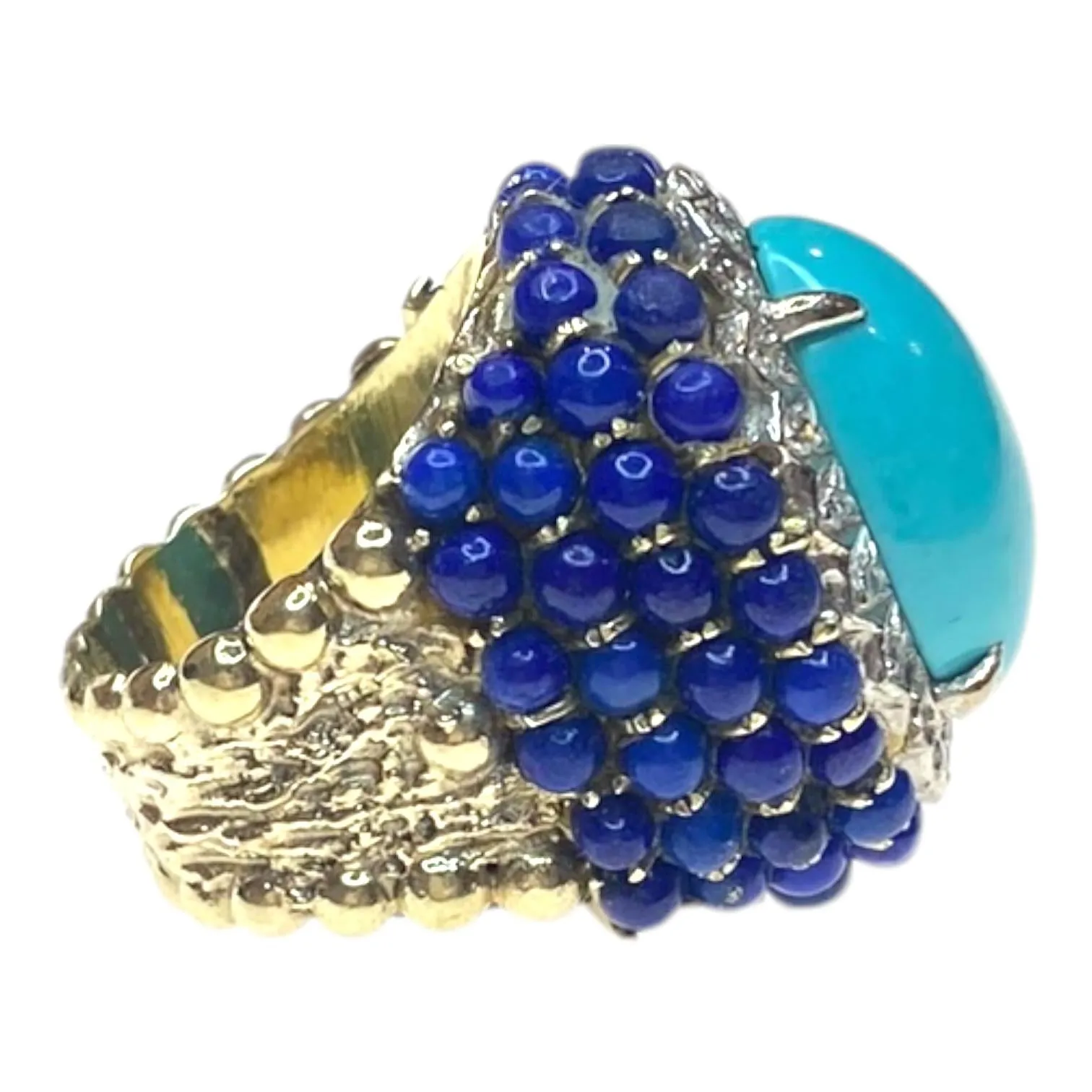 Vintage Large 14K Turquoise Lapis Lazuli & Diamond Ring