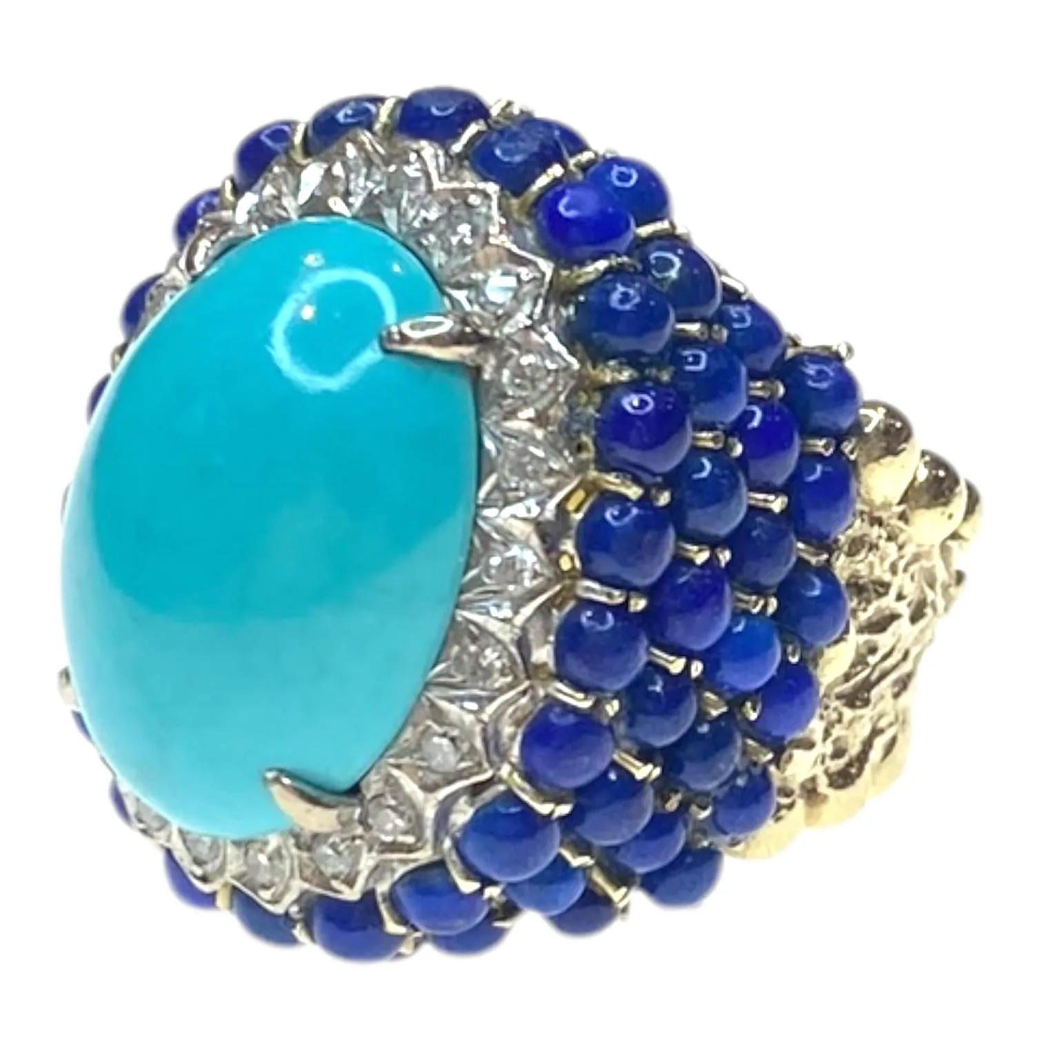 Vintage Large 14K Turquoise Lapis Lazuli & Diamond Ring