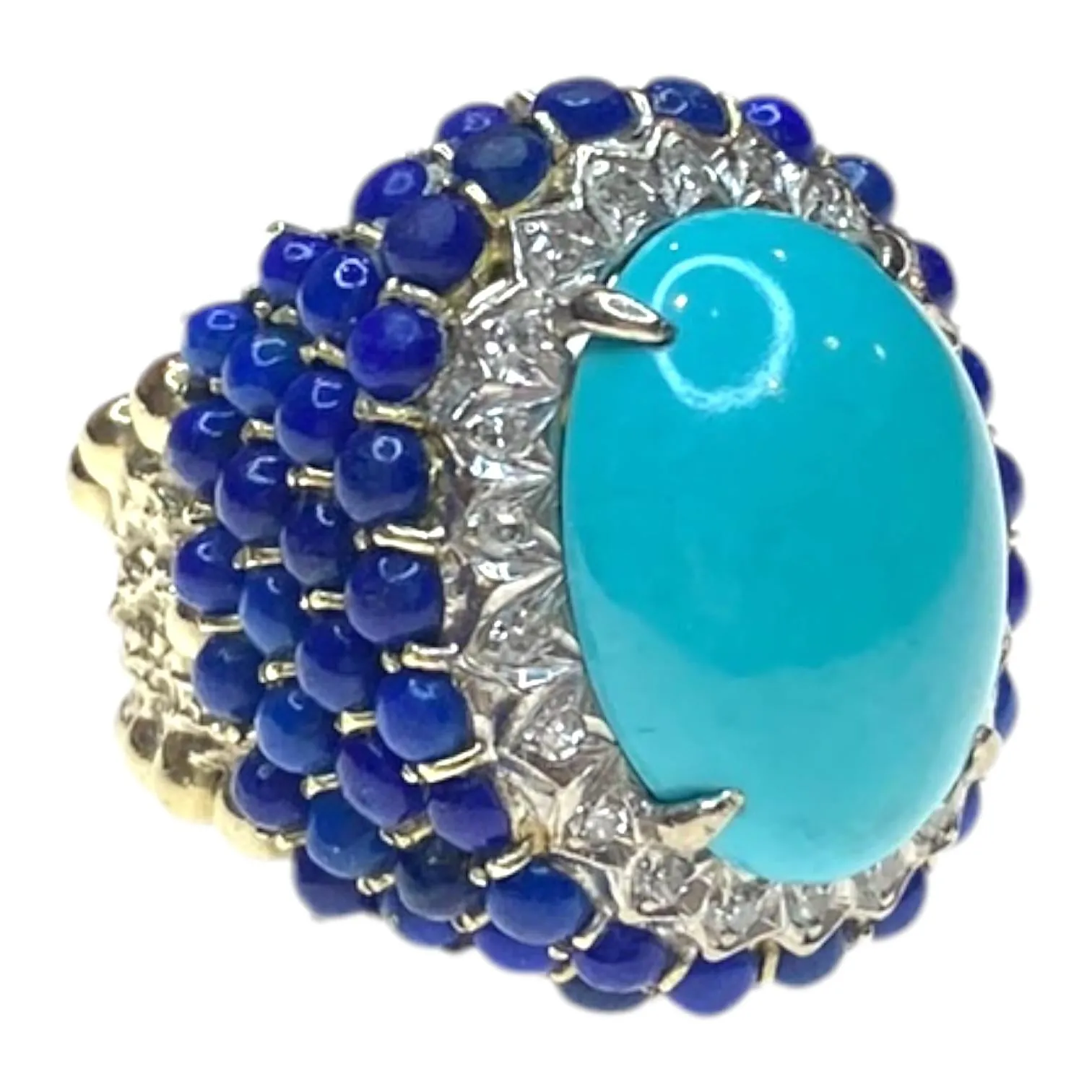 Vintage Large 14K Turquoise Lapis Lazuli & Diamond Ring