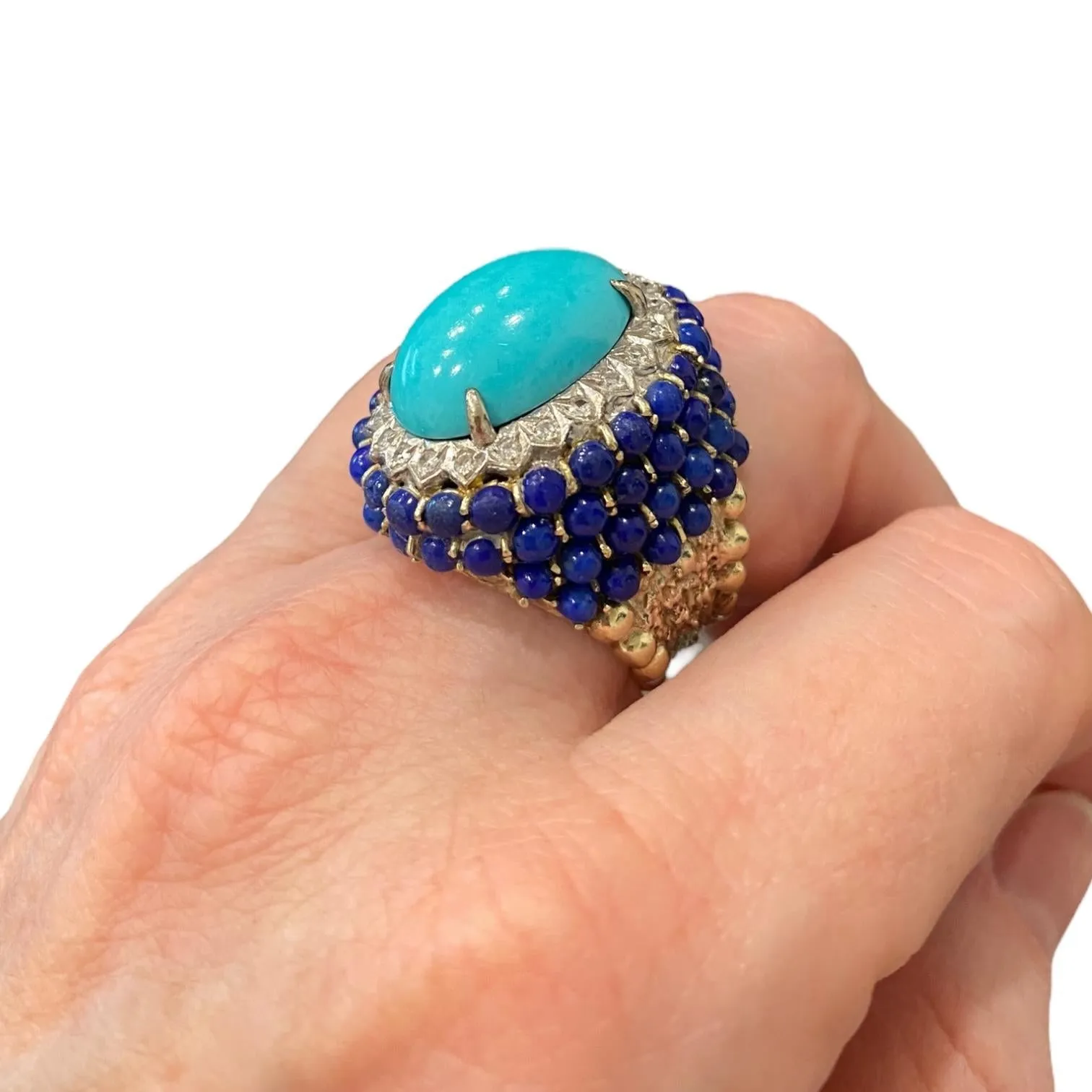 Vintage Large 14K Turquoise Lapis Lazuli & Diamond Ring