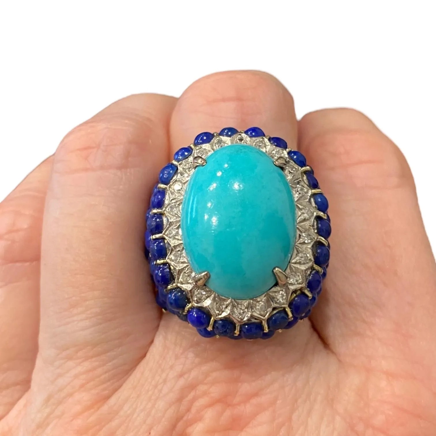 Vintage Large 14K Turquoise Lapis Lazuli & Diamond Ring