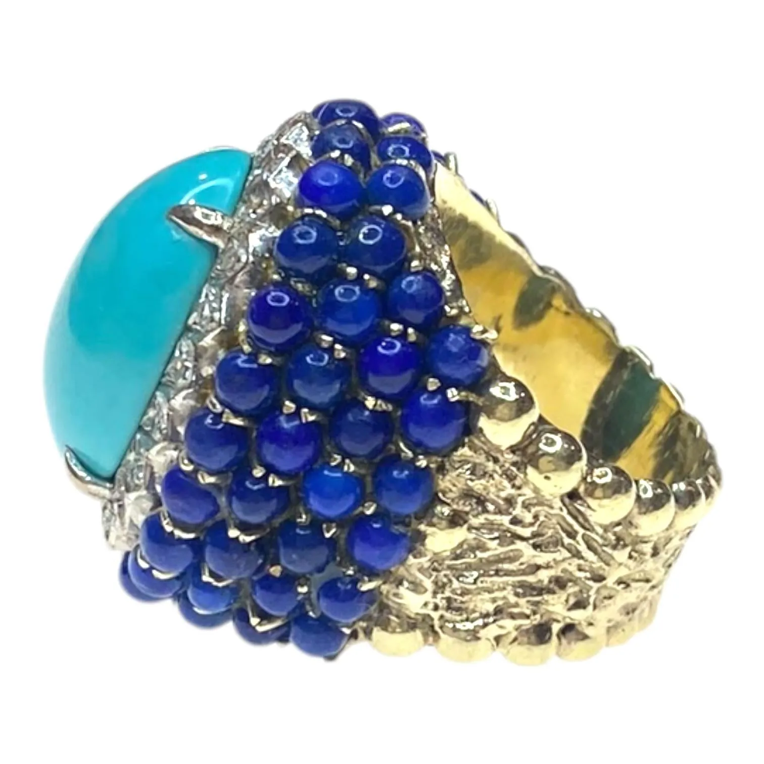 Vintage Large 14K Turquoise Lapis Lazuli & Diamond Ring