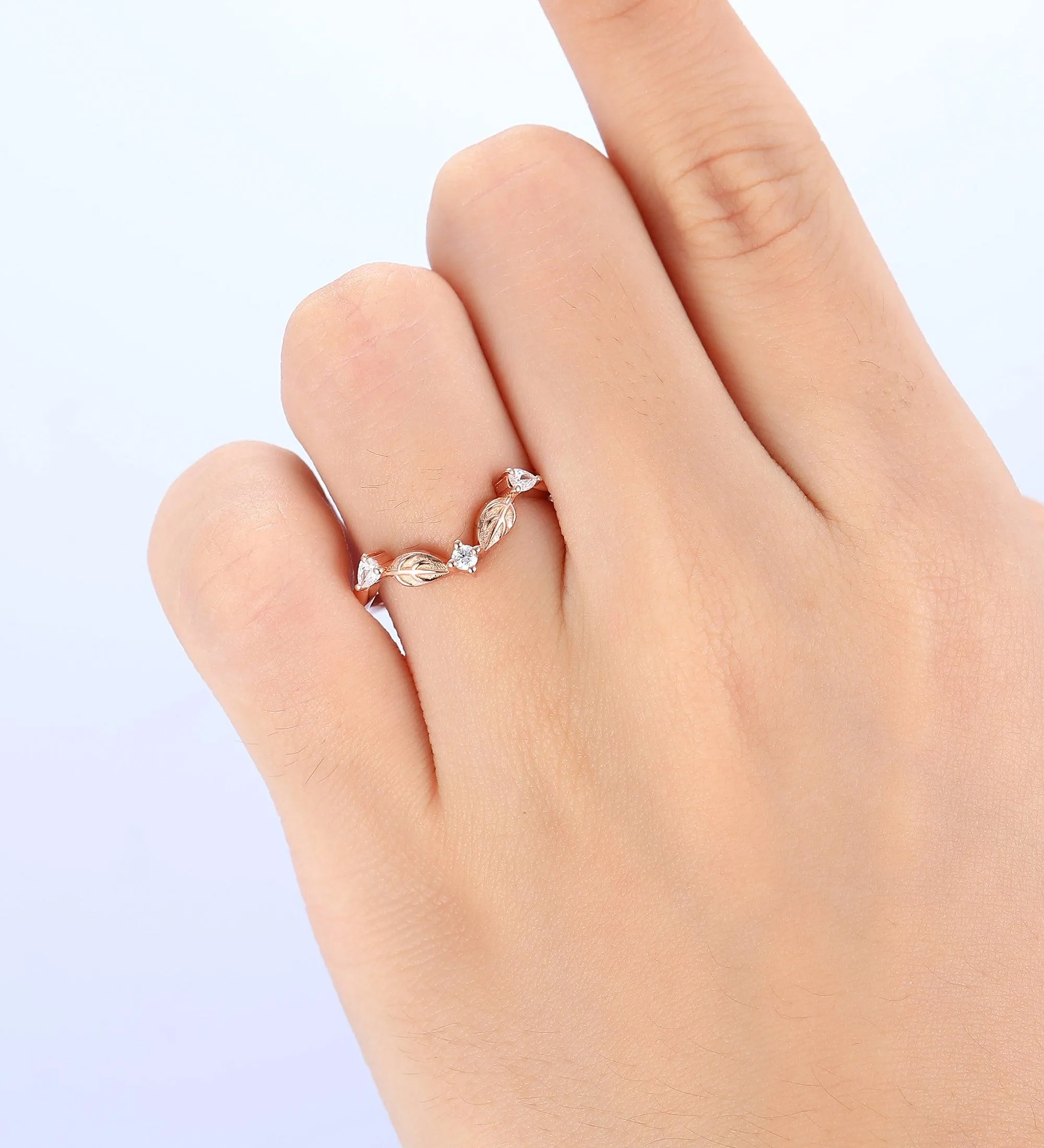 Vintage moissanite curved wedding band chevron rose gold leaf ring  art deco stacking rings
