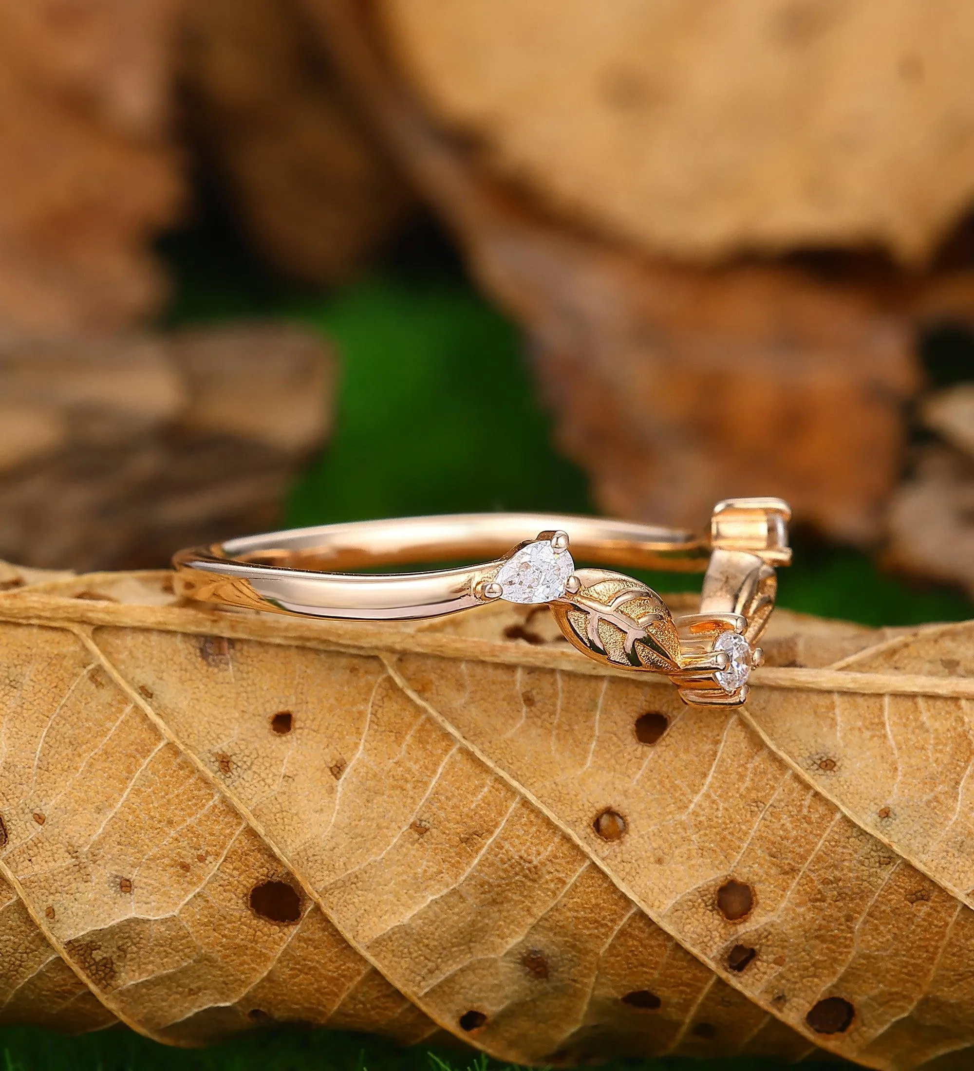 Vintage moissanite curved wedding band chevron rose gold leaf ring  art deco stacking rings
