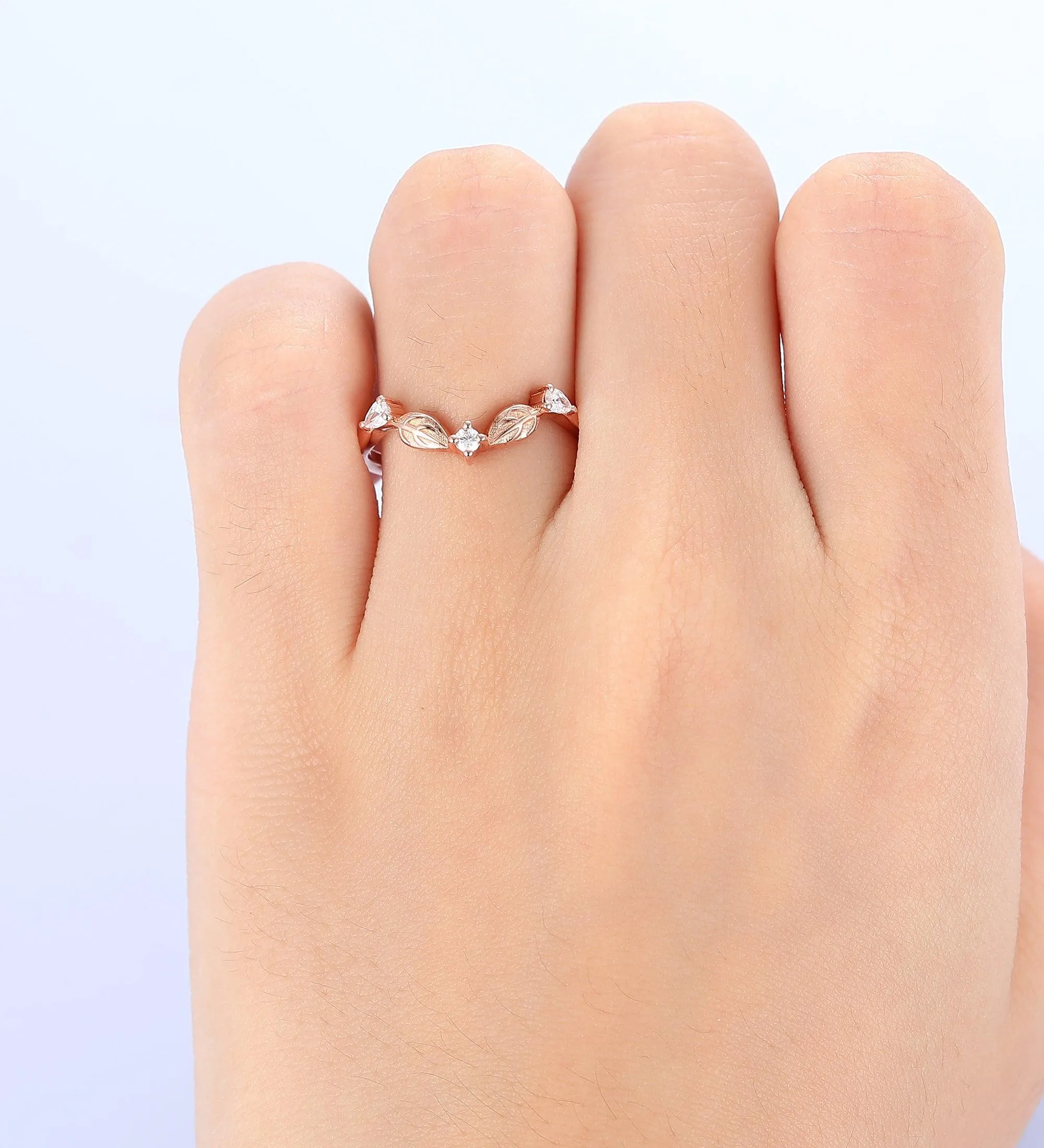 Vintage moissanite curved wedding band chevron rose gold leaf ring  art deco stacking rings