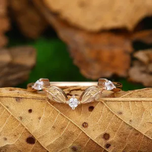 Vintage moissanite curved wedding band chevron rose gold leaf ring  art deco stacking rings