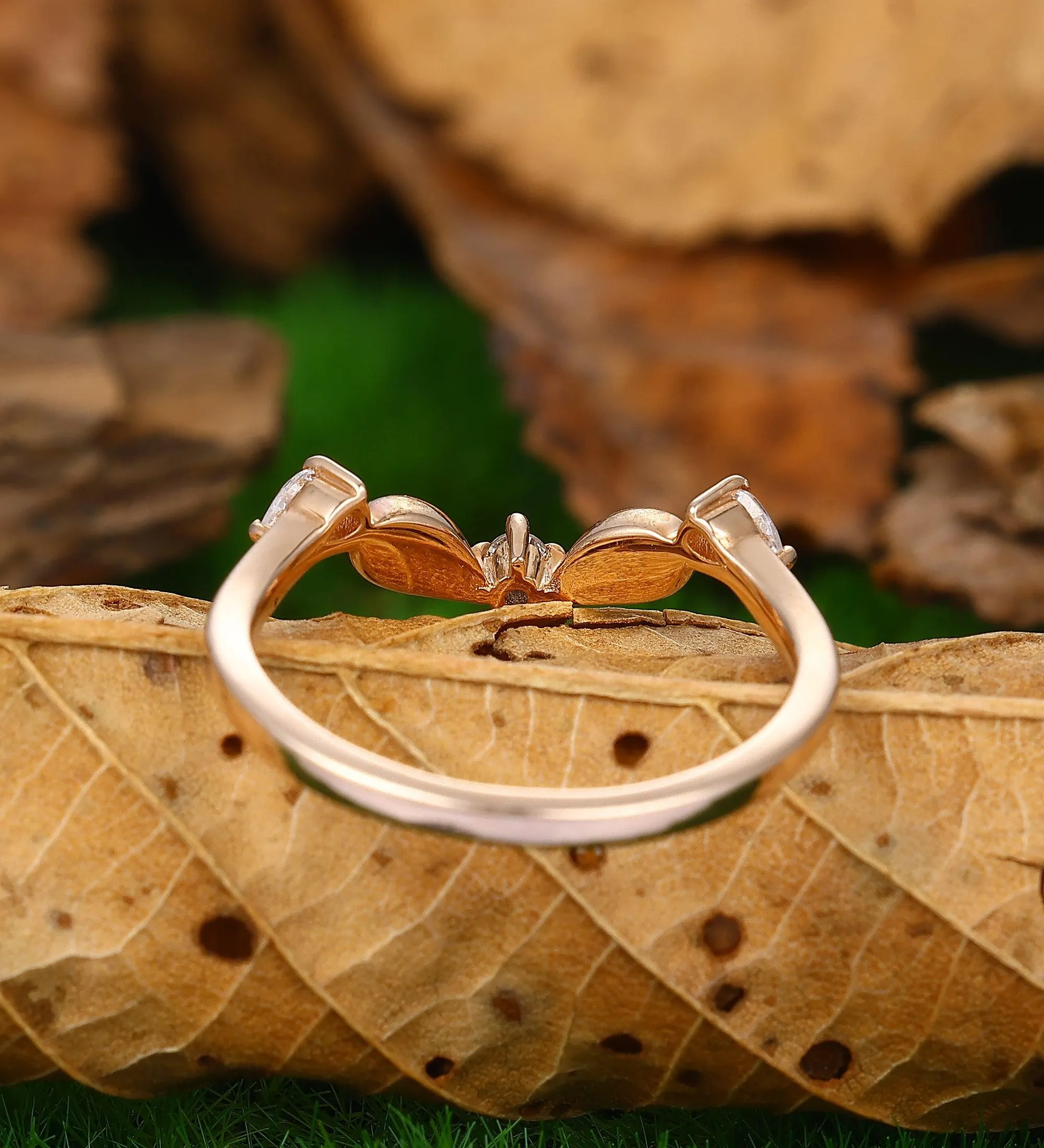 Vintage moissanite curved wedding band chevron rose gold leaf ring  art deco stacking rings